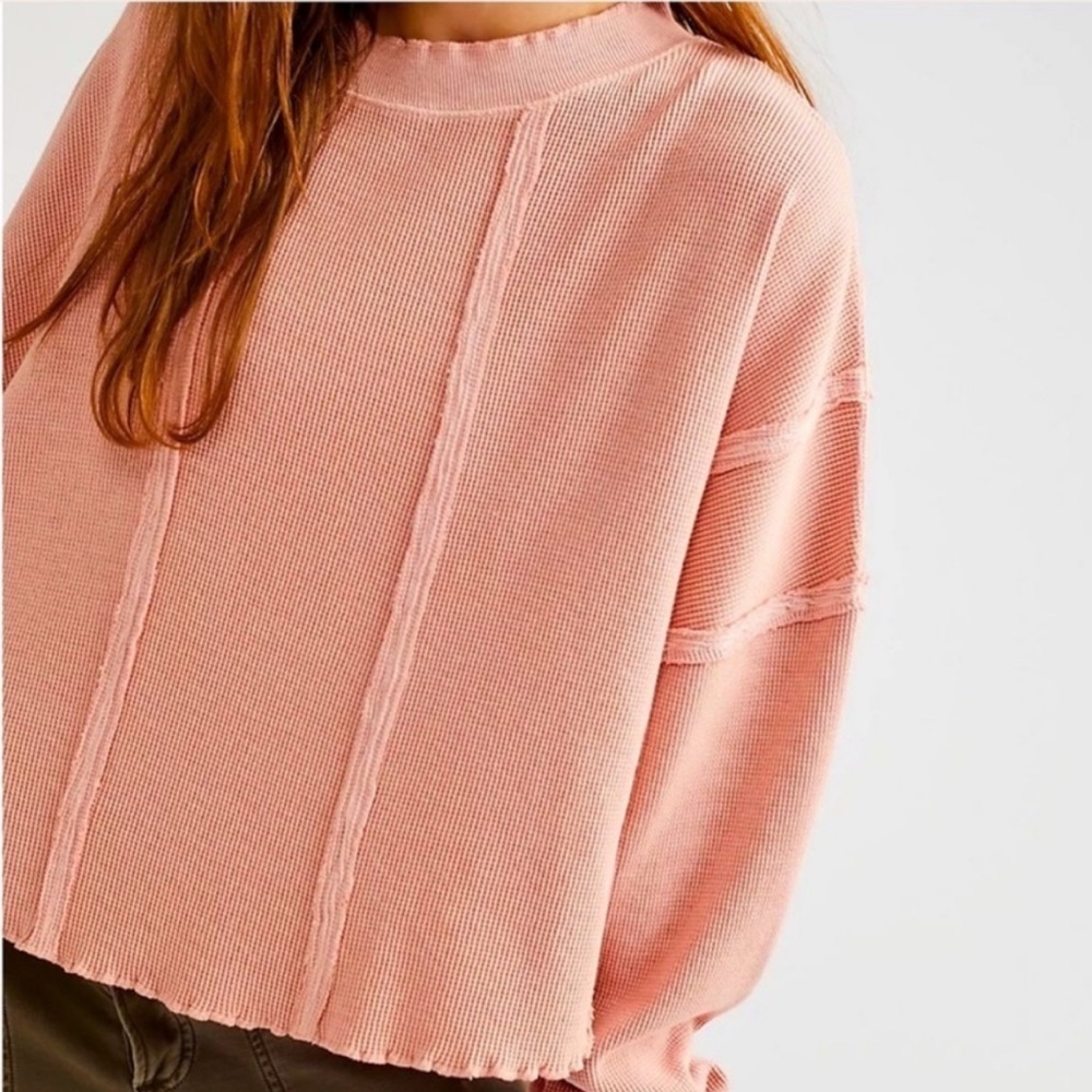 Free People Pink Boxy Textured Crewneck Sweatshirt